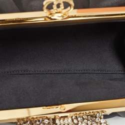 Pre Owned Gucci Black Satin Crystal Embellished Bow Broadway Clutch