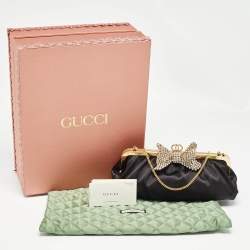 Pre Owned Gucci Black Satin Crystal Embellished Bow Broadway Clutch