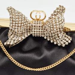 Pre Owned Gucci Black Satin Crystal Embellished Bow Broadway Clutch