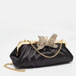 Pre Owned Gucci Black Satin Crystal Embellished Bow Broadway Clutch