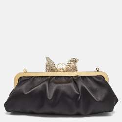 Pre Owned Gucci Black Satin Crystal Embellished Bow Broadway Clutch