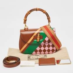 Gucci Brown Geometric Print Leather Medium Bamboo 1947 Top Handle Bag