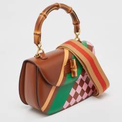 Gucci Brown Geometric Print Leather Medium Bamboo 1947 Top Handle Bag