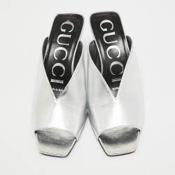 Gucci Silver Leather V Shape Mules Size 35.5