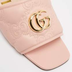 Pre Owned Gucci Pink Leather GG Marmont Flat Slides Size 38.5