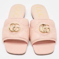 Pre Owned Gucci Pink Leather GG Marmont Flat Slides Size 38.5
