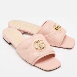 Pre Owned Gucci Pink Leather GG Marmont Flat Slides Size 38.5