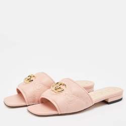 Pre Owned Gucci Pink Leather GG Marmont Flat Slides Size 38.5