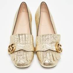 Gucci Gold Crinkled Foil Leather GG Marmont Fringe Detail Ballet Flats Size 37.5