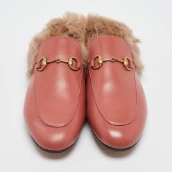 Pre Owned Gucci Pink Leather Fur Lined Princetown Flat Mules Size 37