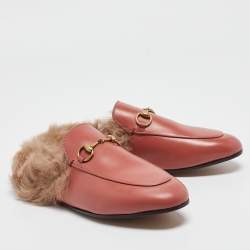 Pre Owned Gucci Pink Leather Fur Lined Princetown Flat Mules Size 37