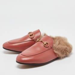 Pre Owned Gucci Pink Leather Fur Lined Princetown Flat Mules Size 37