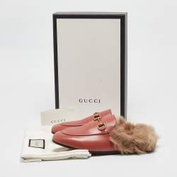 Pre Owned Gucci Pink Leather Fur Lined Princetown Flat Mules Size 37
