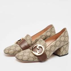 مملوكة مسبقًا Gucci Grey/Brown Canvas and Leather Blondie Block Heel Pumps Size 37.5