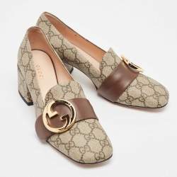 مملوكة مسبقًا Gucci Grey/Brown Canvas and Leather Blondie Block Heel Pumps Size 37.5
