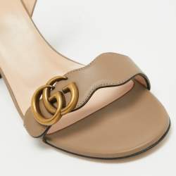 Pre Owned Gucci Beige Leather GG Marmont Block Heel Ankle Strap Sandals 40.5
