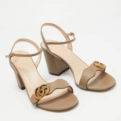 Pre Owned Gucci Beige Leather GG Marmont Block Heel Ankle Strap Sandals 40.5