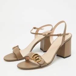 Pre Owned Gucci Beige Leather GG Marmont Block Heel Ankle Strap Sandals 40.5