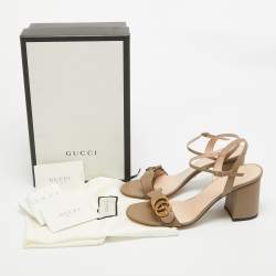 Pre Owned Gucci Beige Leather GG Marmont Block Heel Ankle Strap Sandals 40.5
