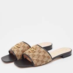 Pre Owned Gucci Brown/Ebony GG Canvas Double G Flat Slides Size 42