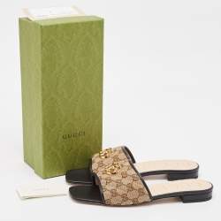 Pre Owned Gucci Brown/Ebony GG Canvas Double G Flat Slides Size 42