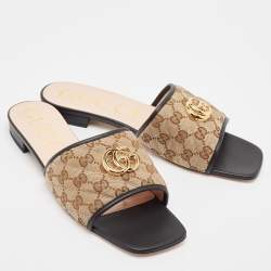 Pre Owned Gucci Brown/Ebony GG Canvas Double G Flat Slides Size 42