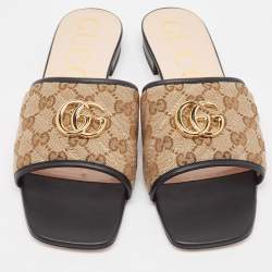 Pre Owned Gucci Brown/Ebony GG Canvas Double G Flat Slides Size 42