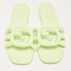Pre Owned Gucci Light Green Rubber Interlocking G Flat Slides Size 40