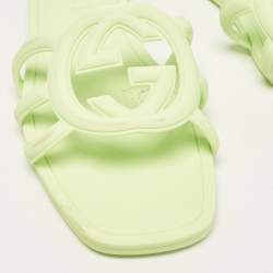 Pre Owned Gucci Light Green Rubber Interlocking G Flat Slides Size 40