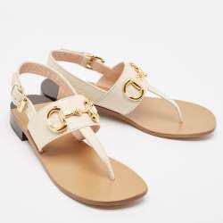 Pre Owned Gucci Cream Leather Horsebit Thong Sandals Size 39