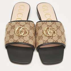 Pre Owned Gucci Brown/Beige Quilted GG Canvas Jolie Flat Slides Size 41