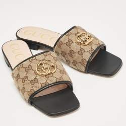 Pre Owned Gucci Brown/Beige Quilted GG Canvas Jolie Flat Slides Size 41
