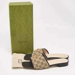 Pre Owned Gucci Brown/Beige Quilted GG Canvas Jolie Flat Slides Size 41