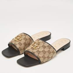 Pre Owned Gucci Brown/Beige Quilted GG Canvas Jolie Flat Slides Size 41