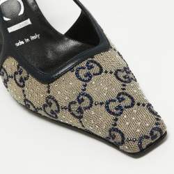 Pre Owned حذاء كعب عالي غوتشي جلد وكانفاس جي جي كريمي /أزرق كحلي مقاس 36.5