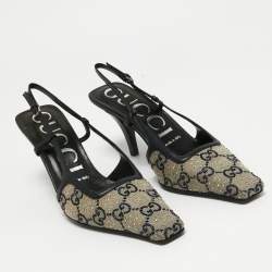 Pre Owned حذاء كعب عالي غوتشي جلد وكانفاس جي جي كريمي /أزرق كحلي مقاس 36.5