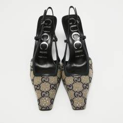 Pre Owned حذاء كعب عالي غوتشي جلد وكانفاس جي جي كريمي /أزرق كحلي مقاس 36.5