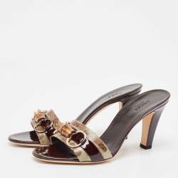 Gucci Beige Canvas Patent Leather Slide Sandals Size 39