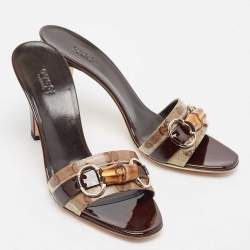 Gucci Beige Canvas Patent Leather Slide Sandals Size 39