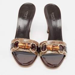 Gucci Beige Canvas Patent Leather Slide Sandals Size 39