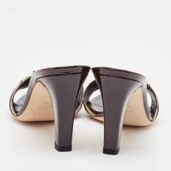 Gucci Beige Canvas Patent Leather Slide Sandals Size 39