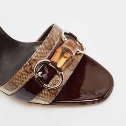 Gucci Beige Canvas Patent Leather Slide Sandals Size 39