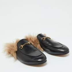 Pre Owned Gucci Black Leather Fur Princetown Flat Mules Size 41