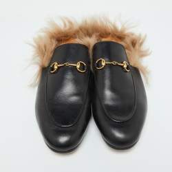 Pre Owned Gucci Black Leather Fur Princetown Flat Mules Size 41