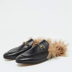 Pre Owned Gucci Black Leather Fur Princetown Flat Mules Size 41