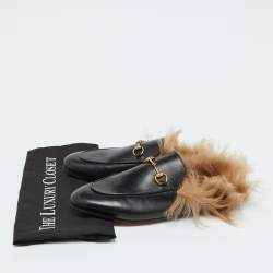 Pre Owned Gucci Black Leather Fur Princetown Flat Mules Size 41
