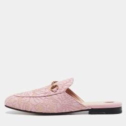 Gucci Pink/Beige Lace and Leather Princetown Flat Mules Size 40