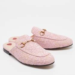 Gucci Pink/Beige Lace and Leather Princetown Flat Mules Size 40