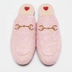 Gucci Pink/Beige Lace and Leather Princetown Flat Mules Size 40