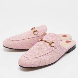 Gucci Pink/Beige Lace and Leather Princetown Flat Mules Size 40